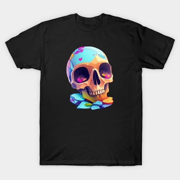 Colorful Flowers Skull with Love T-Shirt by Pixelate Cat